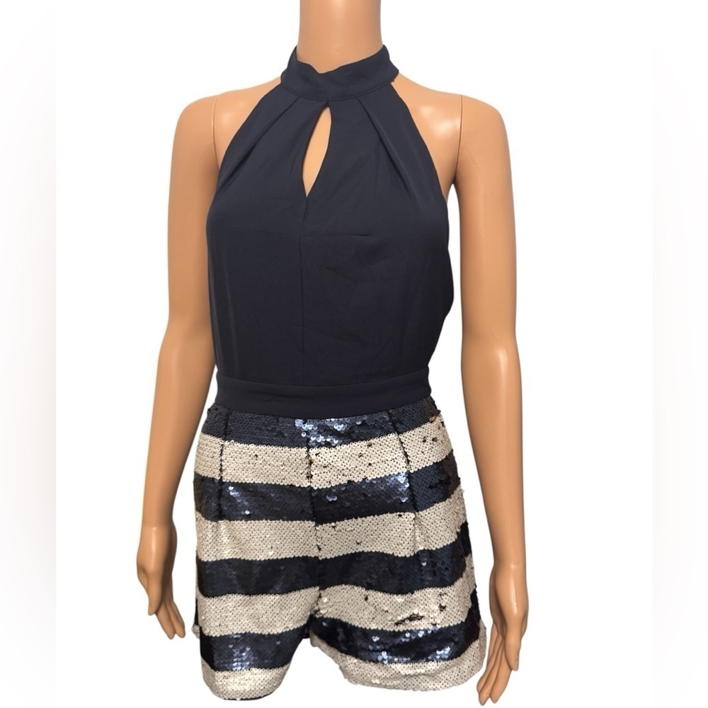 Navy Halter Top with Sequin Striped Shorts Romper by Miss Avenue - Size M